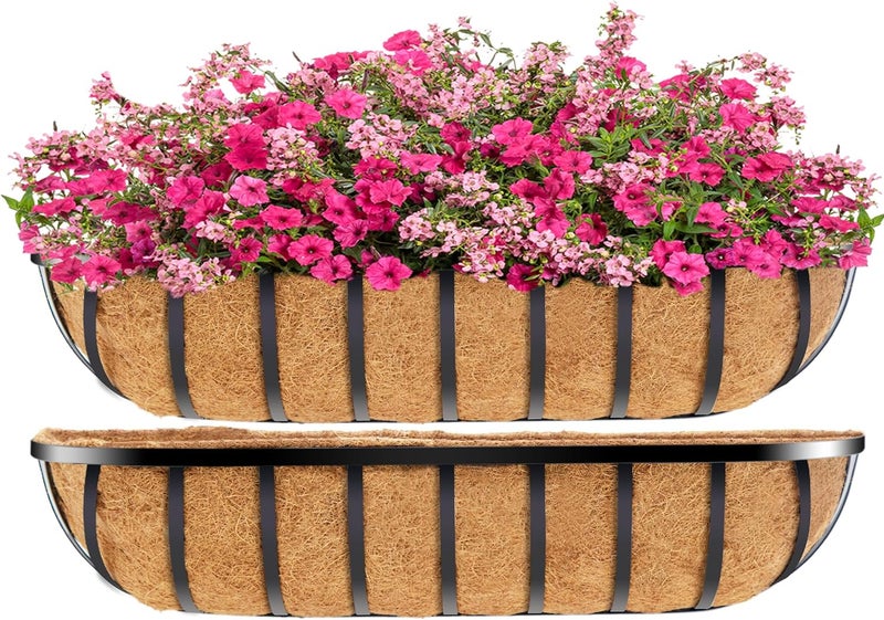 YM 30 Inch Window Deck with Coco Liner, 30" Window Boxes Horse Trough with Coconut Coir Liner, Fence Metal Hanging Flower Planter Window Basket Deck Railing Planter Boxes for Outdoor Garden Lawn, 2pcs - Image 1